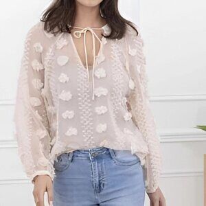 NEW Calypso St Barth Boho 3D Pom Floral Cream Semi Sheer Peasant Blouse Size L